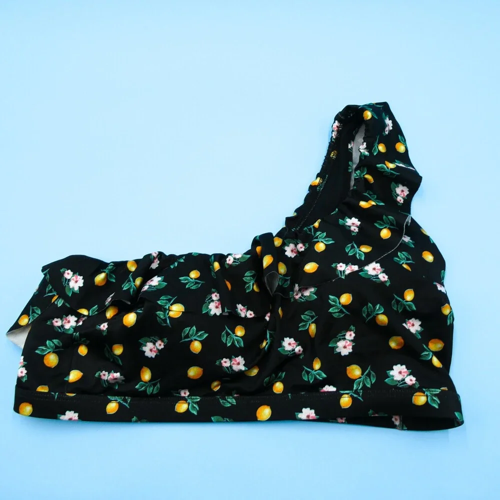 Victorias Secret Large Black Floral Single Shoulder Ruffle Padded Bikini Top New